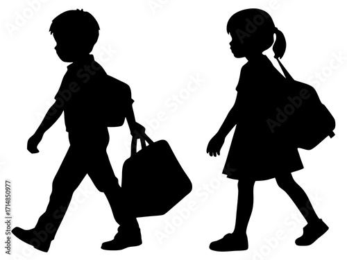 Silhouette of children walking to school with backpacks and a lunch bag in hand