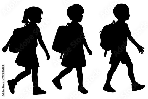 Children silhouettes walking to school with backpacks on a white background