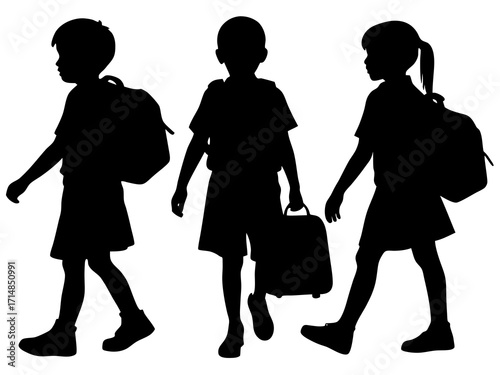 Silhouetted children walking to school with backpacks and a suitcase in black