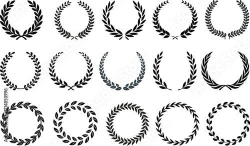 Laurel wreath collection vector set. Classic Roman Greek victory laurel branches, black olive leaf garlands, award emblem elements, elegant prestige heraldic symbol bundle for logo badge label design