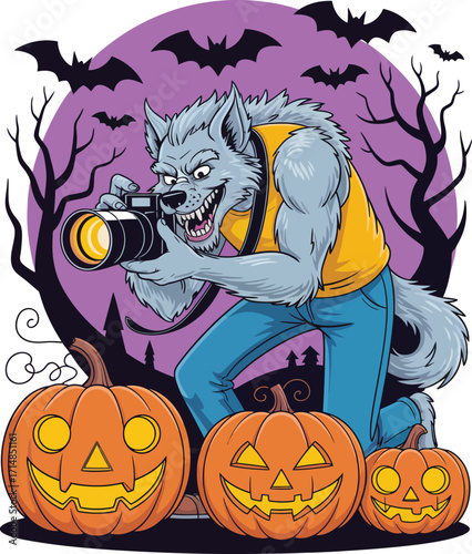 Werewolf photographer captures Halloween pumpkins under purple moon