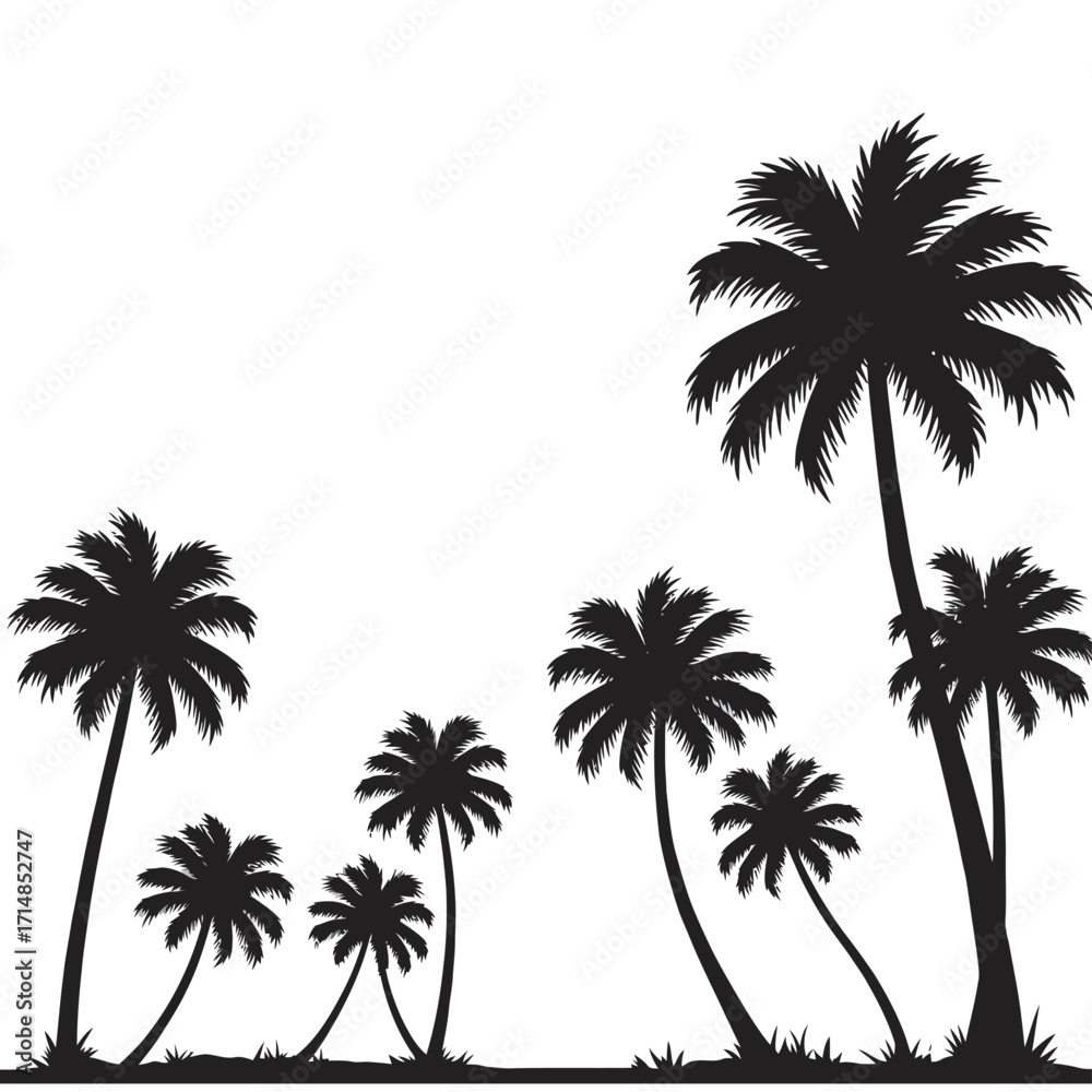 Obraz premium Silhouette of tropical palm trees in curved line composition on a white background. EPS 10.