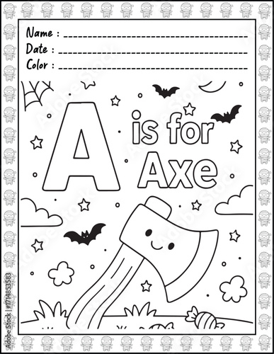 Halloween ABC Alphabet Coloring Page with Cute Animals for Adults and Kid. High resolution (300 DPI), Ready to print on standard 8.5x11-(A4) inch paper With (No Bleed), Black and White. Vector 