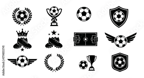 Digital collection of monochrome soccer sport icons, this graphic football emblem set features trophy, shield, and ball symbols for team logo design.