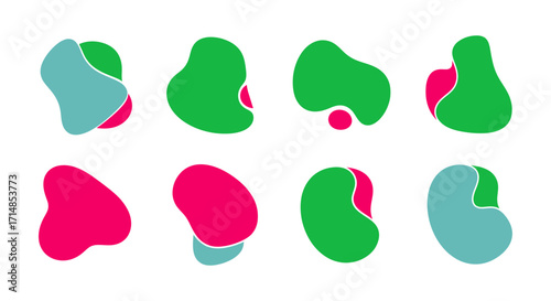 A modern, abstract collection of vibrant fluid shapes, this colorful set of generative organic blobs and dynamic, asymmetrical forms is isolated.