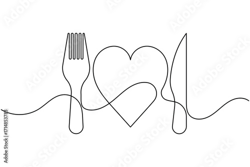 Dining knife and fork continuous one line drawing minimalist table spoon outline vector illustration