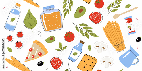 A colorful flat-style illustration of Italian cooking ingredients. Healthy eating concept. Vector illustration.