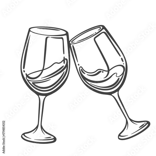 Two clinking wine glasses with swirling liquid in a hand drawn cartoon doodle style. Outline vector illustration for bar menu, celebration design, packaging, or restaurant branding.