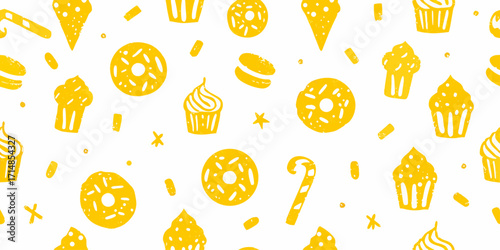 A seamless horizontal pattern of hand-drawn dessert elements on a white background, doodle crayon sketch pattern.