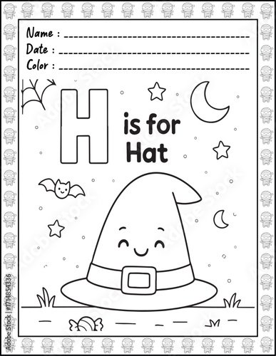 Halloween ABC Alphabet Coloring Page with Cute Animals for Adults and Kid. High resolution (300 DPI), Ready to print on standard 8.5x11-(A4) inch paper With (No Bleed), Black and White. Vector 