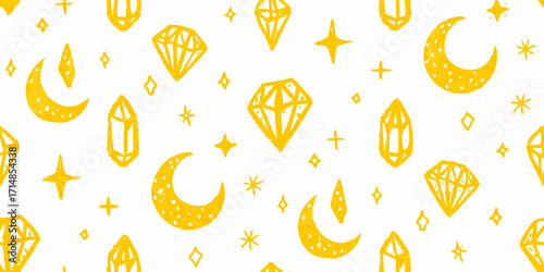 A seamless horizontal pattern of hand-drawn mystical elements on a white background, doodle crayon sketch pattern.