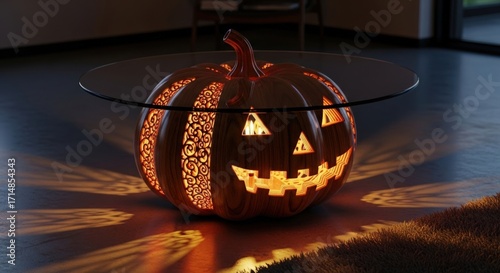 Glowing jack o lantern table casting spooky shadows on the floor