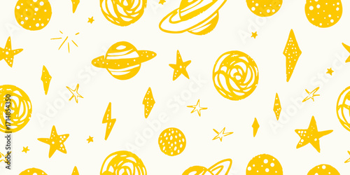A seamless horizontal pattern of hand-drawn outer space elements on a white background, doodle crayon sketch pattern.