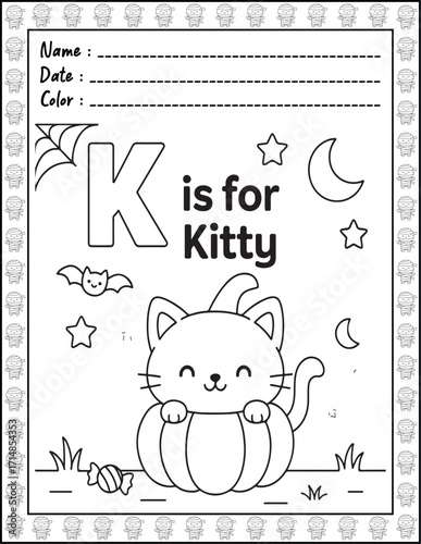 Halloween ABC Alphabet Coloring Page with Cute Animals for Adults and Kid. High resolution (300 DPI), Ready to print on standard 8.5x11-(A4) inch paper With (No Bleed), Black and White. Vector 