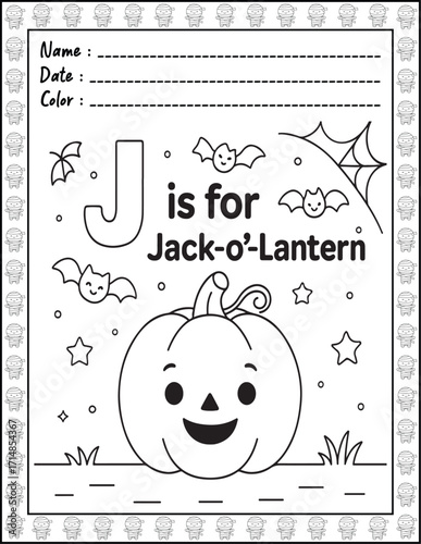 Halloween ABC Alphabet Coloring Page with Cute Animals for Adults and Kid. High resolution (300 DPI), Ready to print on standard 8.5x11-(A4) inch paper With (No Bleed), Black and White. Vector 