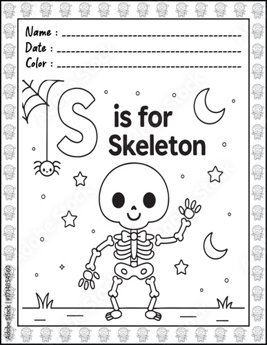 Halloween ABC Alphabet Coloring Page with Cute Animals for Adults and Kid. High resolution (300 DPI), Ready to print on standard 8.5x11-(A4) inch paper With (No Bleed), Black and White. Vector 