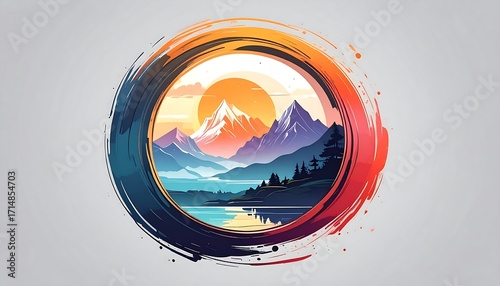 Colorful Mountain Landscape Framed by Abstract Circles