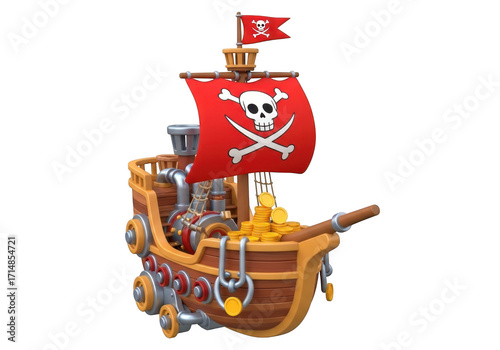 3d cartoon pirate ship with treasure chest