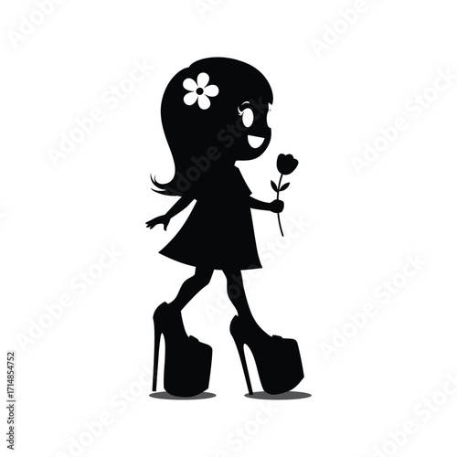 Cute girl silhouette walking in high heels holding a flower black and white vector illustration