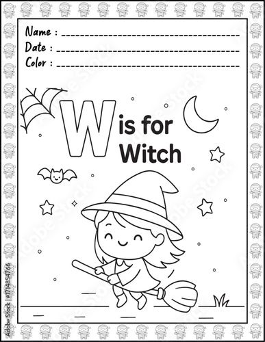 Halloween ABC Alphabet Coloring Page with Cute Animals for Adults and Kid. High resolution (300 DPI), Ready to print on standard 8.5x11-(A4) inch paper With (No Bleed), Black and White. Vector 