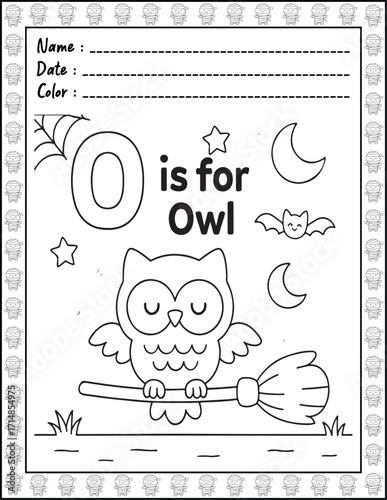 Halloween ABC Alphabet Coloring Page with Cute Animals for Adults and Kid. High resolution (300 DPI), Ready to print on standard 8.5x11-(A4) inch paper With (No Bleed), Black and White. Vector 