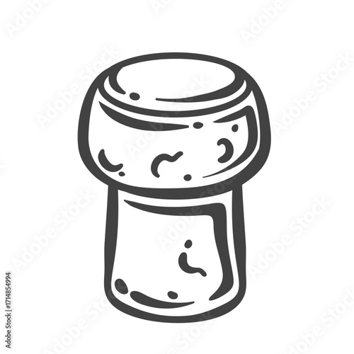 Hand drawn champagne cork with rounded head and textured body, sketched in vintage engraving style. Outline vector illustration for wine packaging, menu, label, or celebration design.