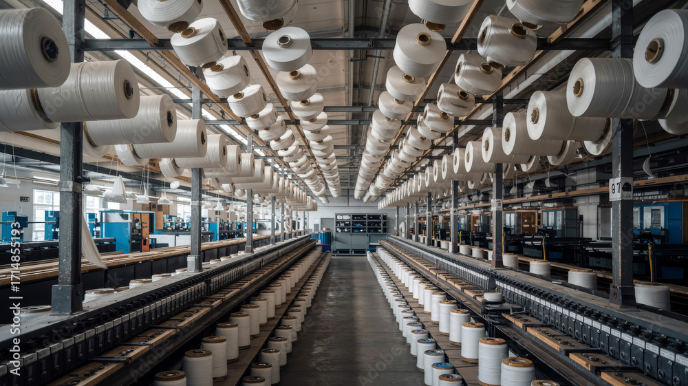 Naklejka premium A long shot of a textile factory with rows of spools of thread and machinery in operation inside the building textile