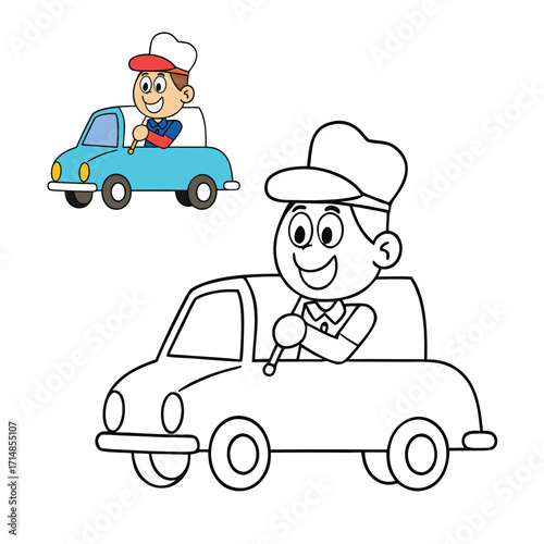 A cheerful cartoon ice cream man drives his colorful ice cream truck, serving treats to happy kids—a fun, playful scene perfect for coloring and creativity.
