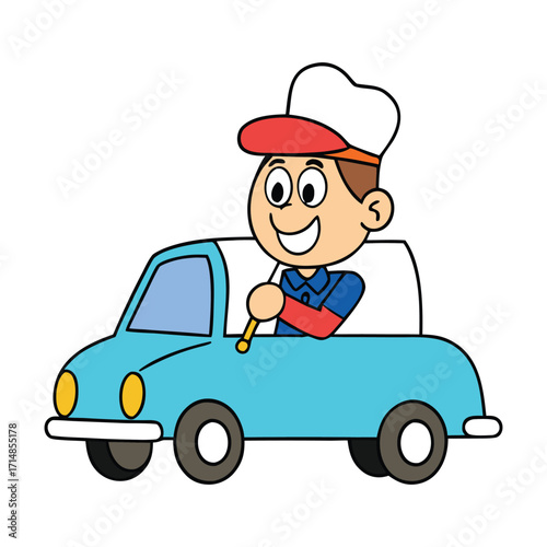 A cheerful cartoon ice cream man drives his colorful van, serving sweet treats with a smile, surrounded by joy, summer vibes, and playful, tasty delights.
