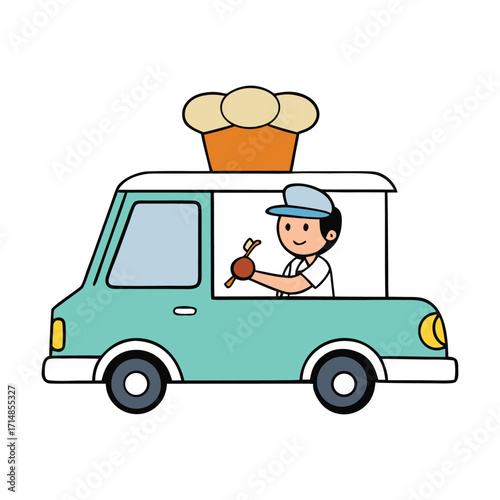 A cheerful cartoon ice cream man drives his colorful van, serving sweet treats with a smile, surrounded by joy, summer vibes, and playful, tasty delights.
