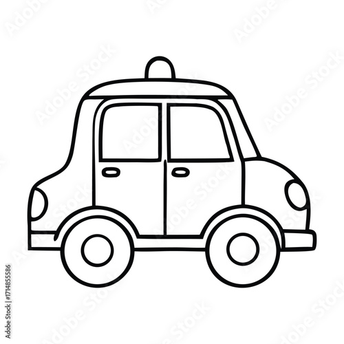A fun cartoon taxi coloring page featuring a cheerful cab with big wheels and a friendly face, ready for kids to color and bring it to life with bright shades.

