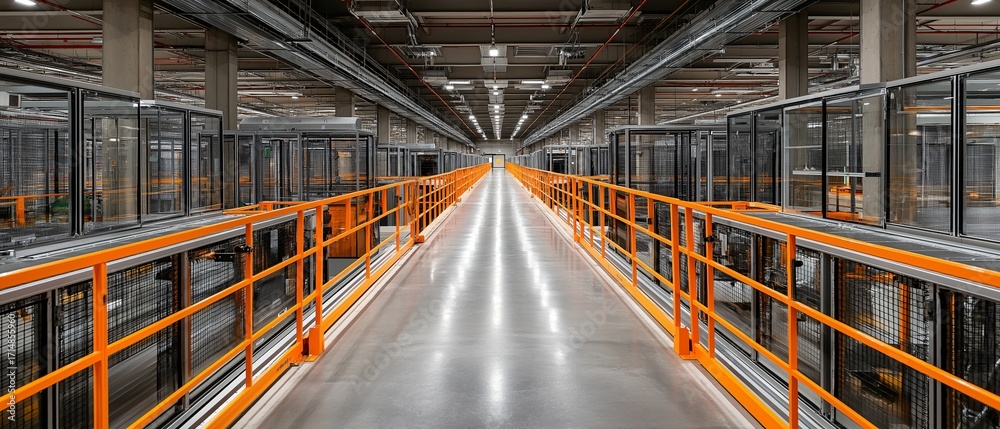 Fototapeta premium Modern industrial facility features long corridor with bright orange railings and stacked machinery lines, creating futuristic and efficient atmosphere