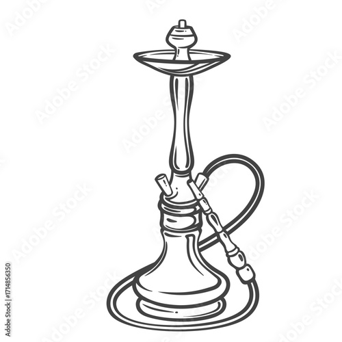 Classic hookah pipe with tall stem, wide base and flexible hose. Hand drawn black outline style. Vector illustration of oriental shisha for menu, packaging, decor or website.