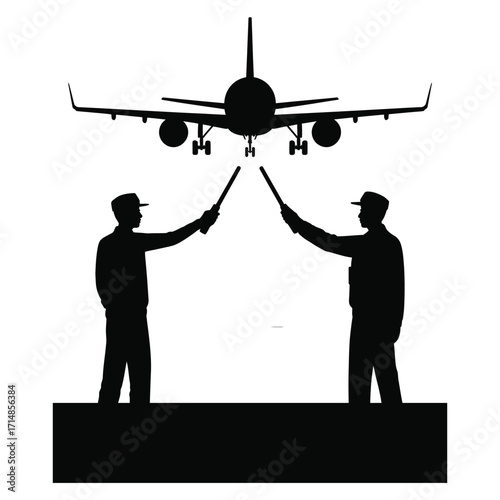 Airport ground crew silhouette directing airplane with illuminated batons black and white vector illustration