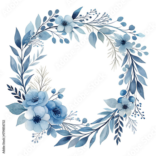 Watercolor indigo floral wreath with twig and branch elements, isolated on white background, featuring delicate hand-painted botanical details.