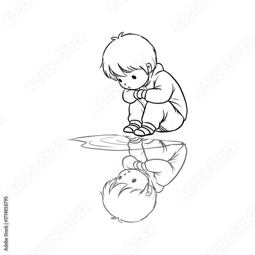 Sad Boy Sitting by Puddle Reflection Line Art Kawaii Anime Style Illustration