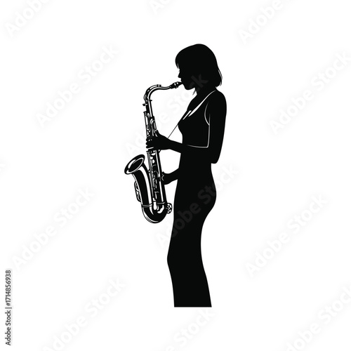 Saxophone Player Silhouette Woman Playing Tenor Sax Black and White Vector Illustration