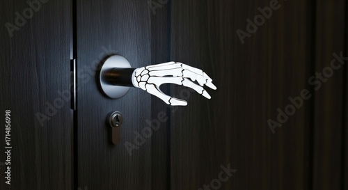 Skeleton hand reaching from door handle in a spooky halloween scene