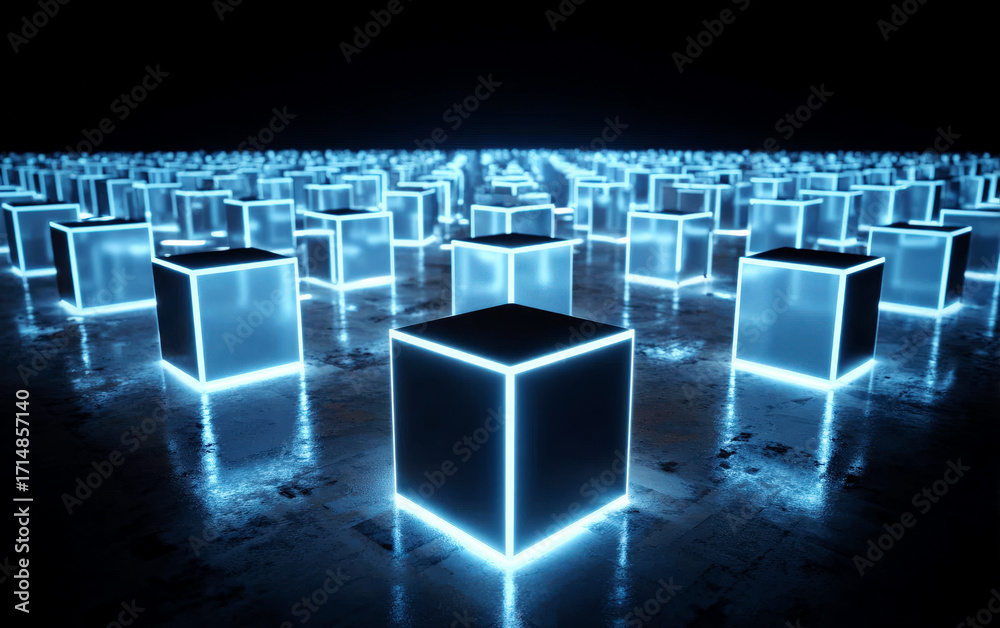 Fototapeta premium A group of glowing blue cubes in a dark futuristic setting