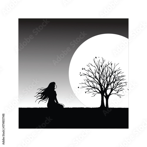 Silhouette of girl sitting under a large moon and bare tree black and white illustration
