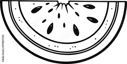 Black bold outline with white background, Black bold outline with white background, Minimal line drawing of sliced watermelon with seeds visible