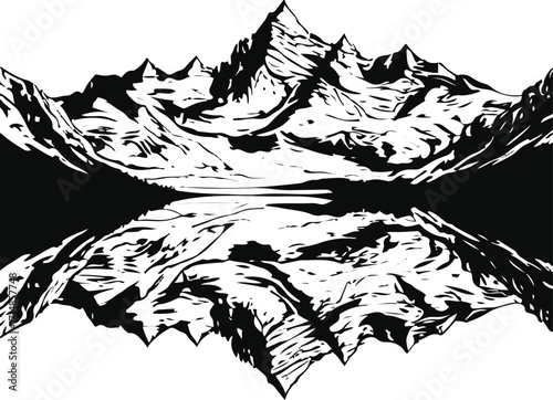 Black bold outline with white background, Black bold outline with white background, Outline of mountain range reflected in lake, mirror view 1