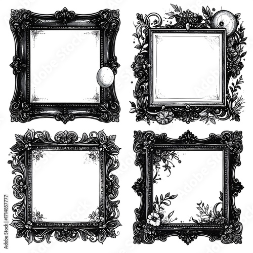 Four ornate black picture frames