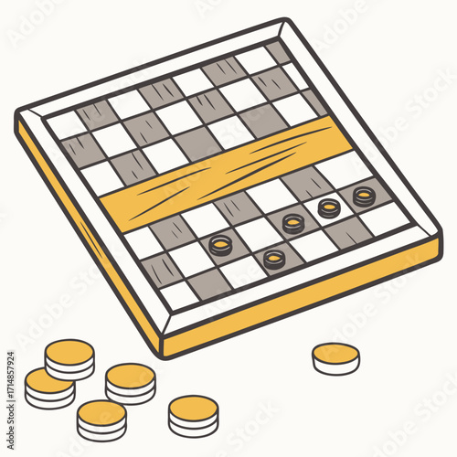 Classic checkers game board and pieces scattered for playtime fun