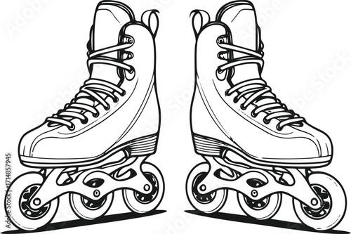Black bold outline with white background, Black bold outline with white background, Outline vector of pair of rollerblades side by side 2