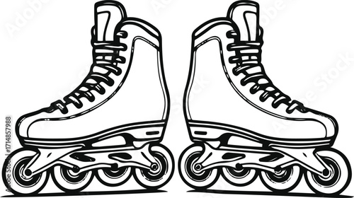 Black bold outline with white background, Black bold outline with white background, Outline vector of pair of rollerblades side by side.