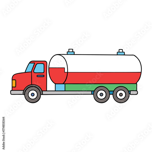 A large fuel tanker truck designed to safely transport gasoline, diesel, or other fuels, featuring a cylindrical tank, heavy-duty wheels, and safety markings.
