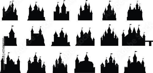 Castle silhouette collection, black vector icons, medieval fortress design, fantasy architecture clipart, turrets and flags, fairytale castle graphic set