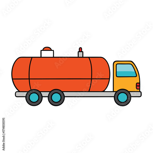 A large fuel tanker truck designed to safely transport gasoline, diesel, or other fuels, featuring a cylindrical tank, heavy-duty wheels, and safety markings.
