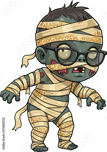 Cartoon baby zombie in mummy bandages with glasses and wounds for HalloweenCartoon baby zombie in mummy bandages with glasses and wounds for Halloween